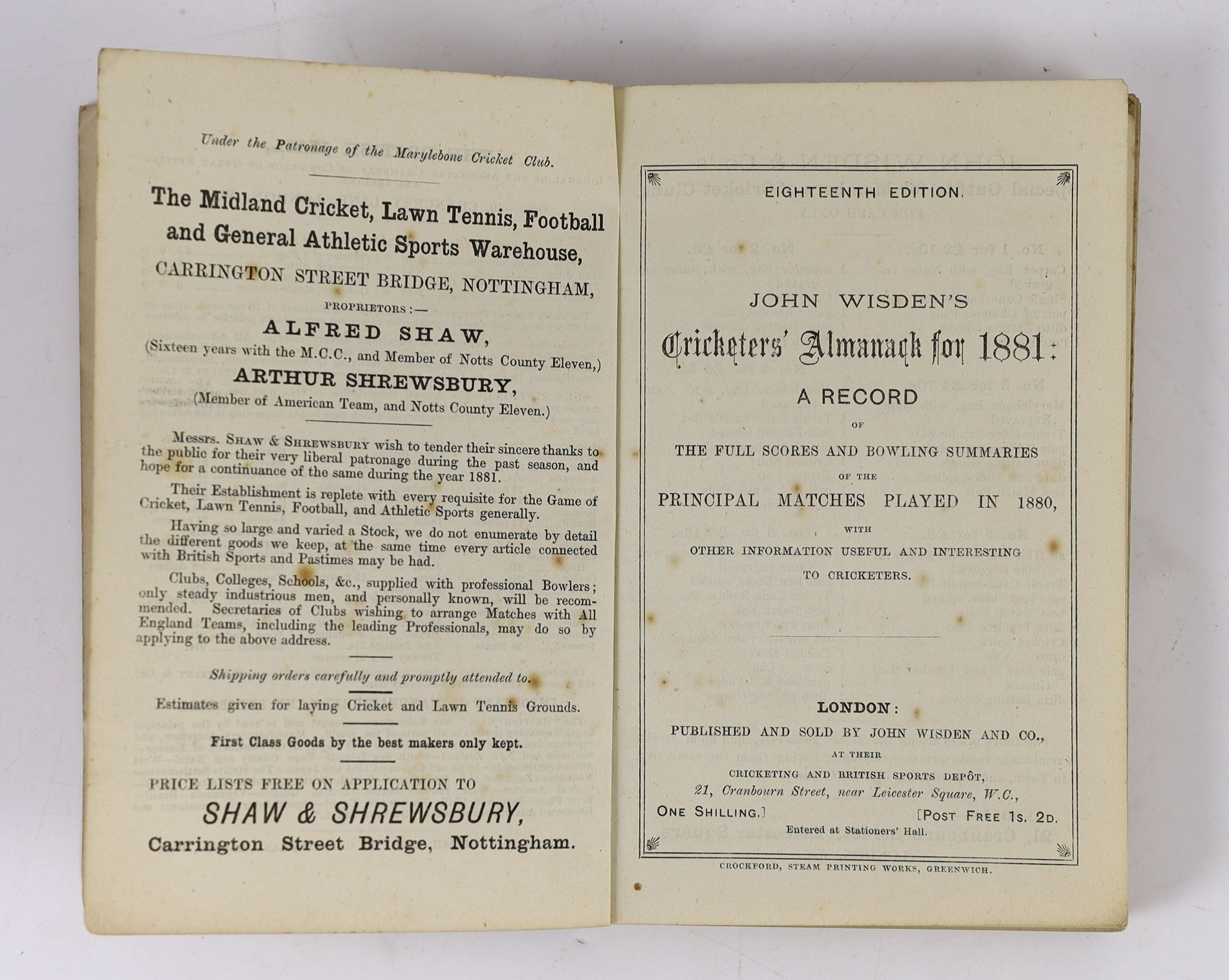 Wisden, John - Cricketers’ Almanack for 1881, 18th edition, original paper wrappers, tears to spine, spotting to endpapers.